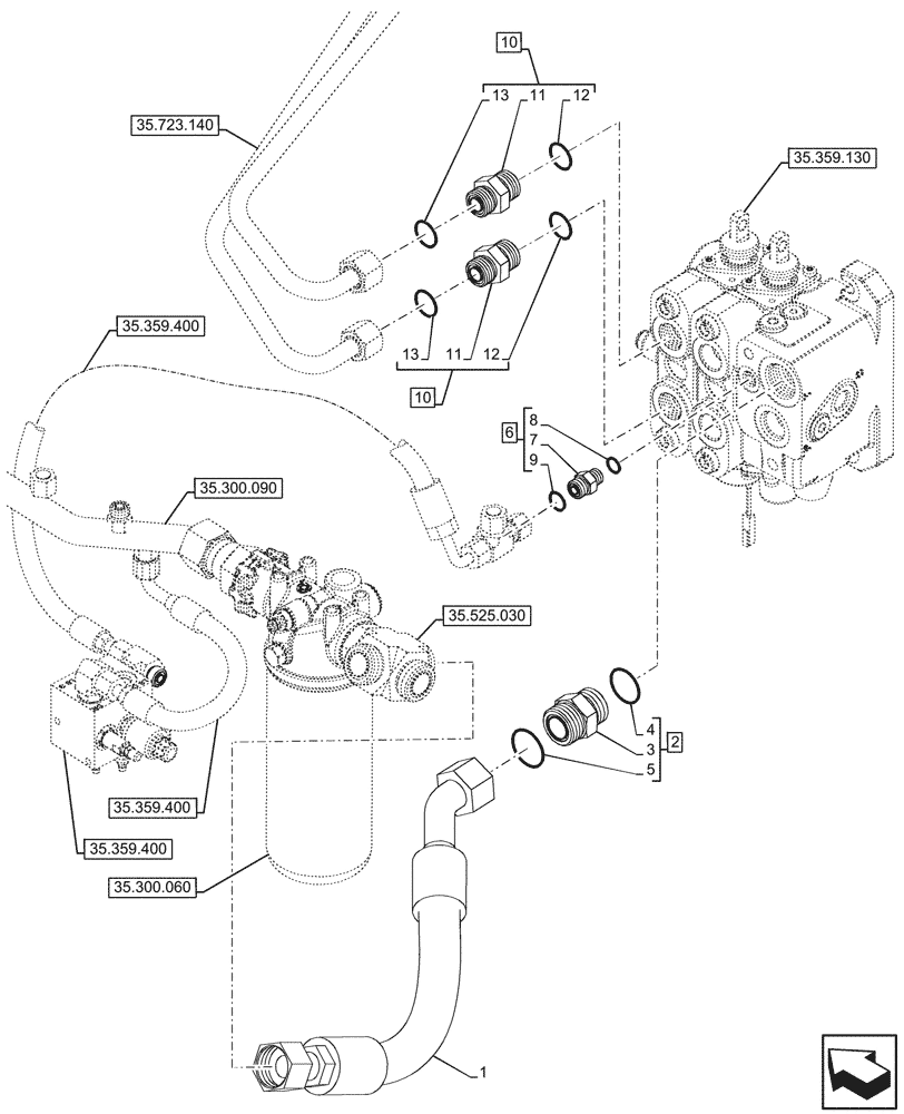 Схема запчастей Case 590SN - (35.359.160) - LOADER, FILTER, CONTROL VALVE LINE (35) - HYDRAULIC SYSTEMS