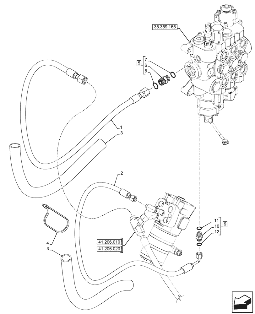 Схема запчастей Case 590SN - (41.200.080) - LOADER, CONTROL VALVE, MECHANICAL, 3-SPOOL, STEERING VALVE, LINE (41) - STEERING