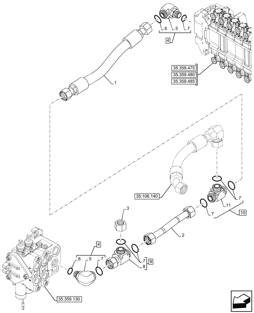 Схема запчастей Case 590SN - (35.359.155) - LOADER, BACKHOE, CONTROL VALVE, LINE (35) - HYDRAULIC SYSTEMS