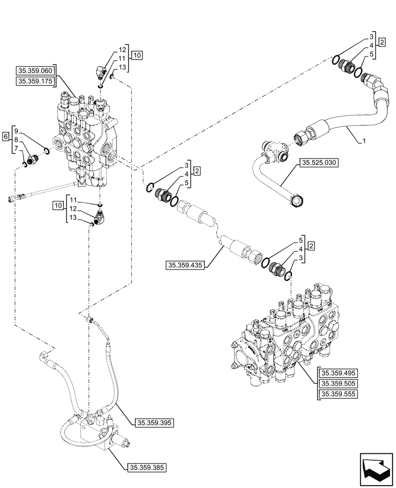 Схема запчастей Case 580SN WT - (35.359.075) - VAR - 747776 - LOADER, BACKHOE, CONTROL, VALVE, LINES (35) - HYDRAULIC SYSTEMS