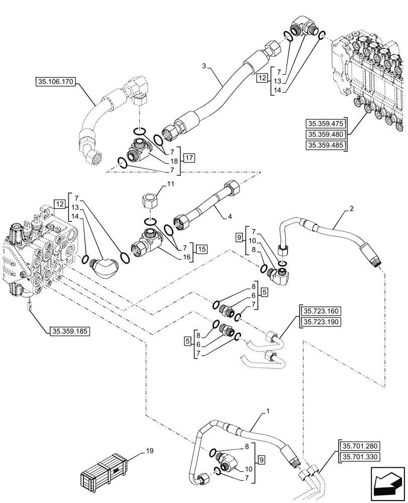 Схема запчастей Case 580SN WT - (35.359.205) - LOADER, BACKHOE, CONTROL VALVE, AUXILIARY, LINES (35) - HYDRAULIC SYSTEMS