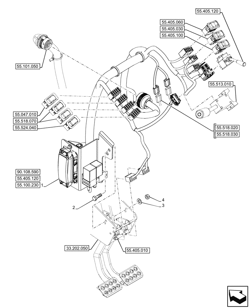 Схема запчастей Case 580N - (55.510.120) - POWERSHUTTLE, TRANSMISSION, FRONT CONSOLE, HARNESS, W/ OPTION (55) - ELECTRICAL SYSTEMS