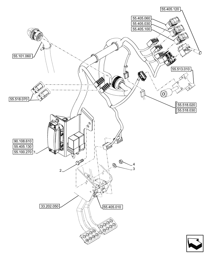 Схема запчастей Case 580N - (55.510.140) - CANOPY, POWERSHUTTLE, TRANSMISSION, FRONT CONSOLE, HARNESS (55) - ELECTRICAL SYSTEMS