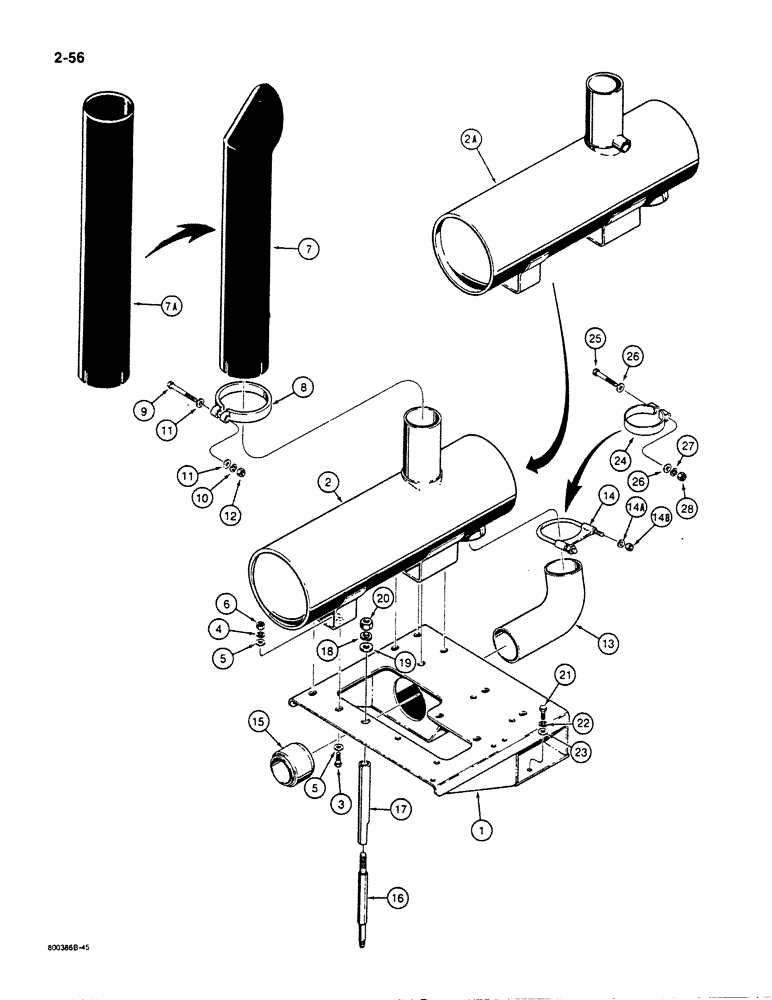 Схема запчастей Case 1455B - (2-56) - MUFFLER AND EXHAUST SYSTEM (02) - ENGINE