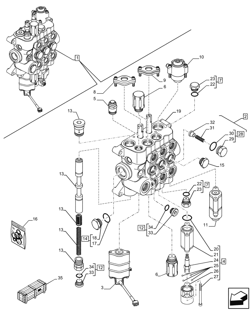 Схема запчастей Case 590SN - (35.359.170) - LOADER, CONTROL VALVE, MECHANICAL, 3-SPOOL, COMPONENTS (35) - HYDRAULIC SYSTEMS