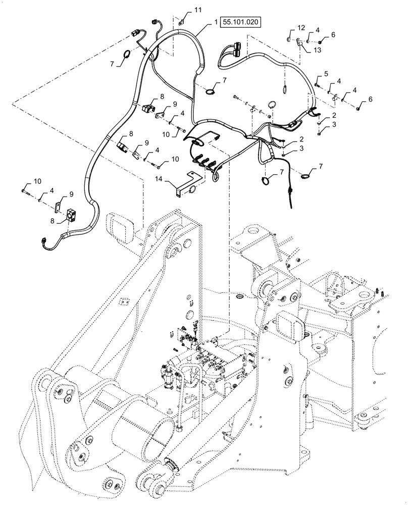 Схема запчастей Case 521G - (55.101.010) - FRONT CHASSIS HARNESS INSTALLATION, Z-BAR (55) - ELECTRICAL SYSTEMS