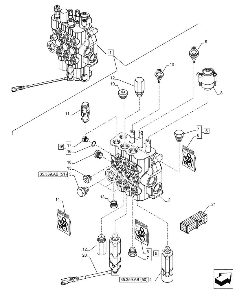 Схема запчастей Case 580N EP - (35.359.AB[49]) - VAR - 747864 - LOADER, CONTROL VALVE, PILOT CONTROLS, 3 SPOOL - BEGIN YR 26-APR-2016 (35) - HYDRAULIC SYSTEMS