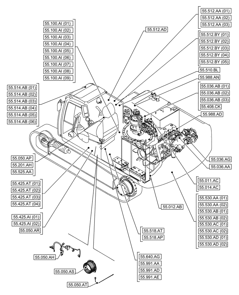 Схема запчастей Case CX210D LC - (55.000.00[01]) - SECTION INDEX - ELECTRICAL SYSTEMS (55) - ELECTRICAL SYSTEMS