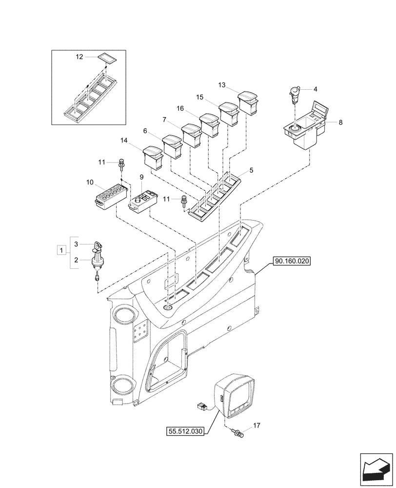 Схема запчастей Case CX57C - (55.512.020) - INSTRUMENT PANEL, SWITCH (55) - ELECTRICAL SYSTEMS