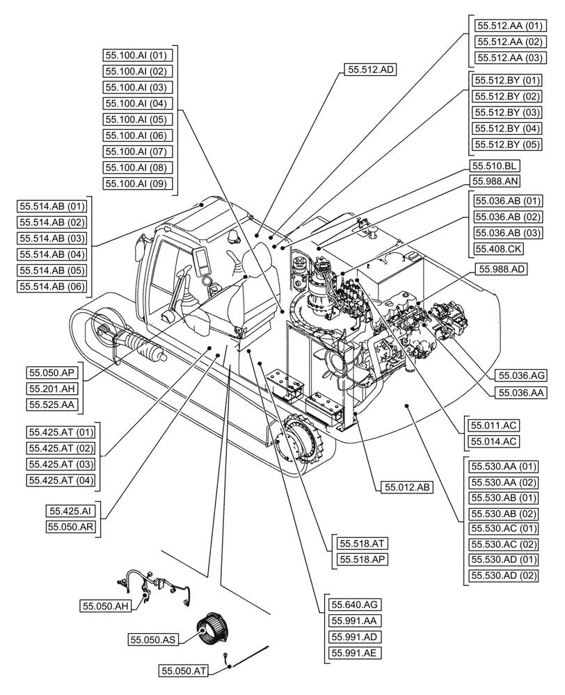 Схема запчастей Case CX210D NLC - (00.000.55[01]) - PICTORIAL INDEX - ELECTRICAL SYSTEMS (00) - GENERAL & PICTORIAL INDEX