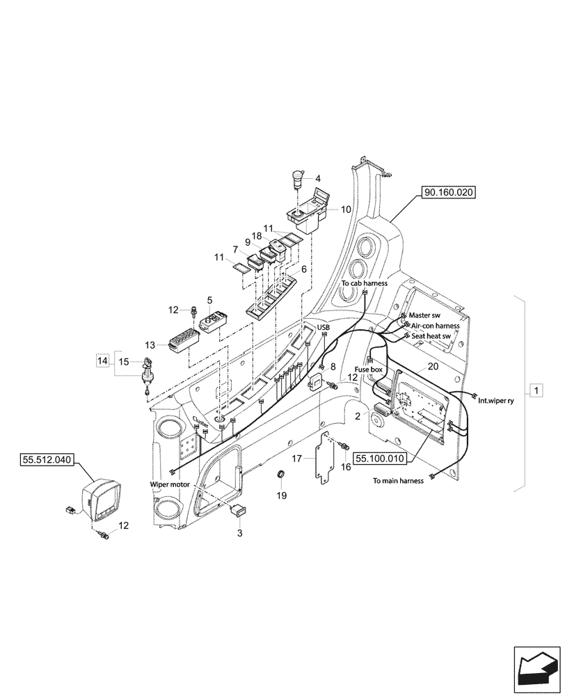 Схема запчастей Case CX60C - (55.512.020) - CAB MAIN WIRE HARNESS, SWITCH PANEL (55) - ELECTRICAL SYSTEMS