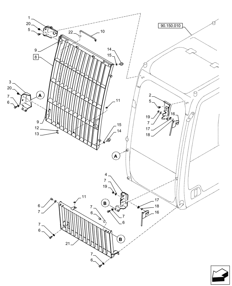 Схема запчастей Case CX750D RTC - (90.150.080) - VAR - 781986 - FRONT, STONEGUARD, OPENABLE (90) - PLATFORM, CAB, BODYWORK AND DECALS