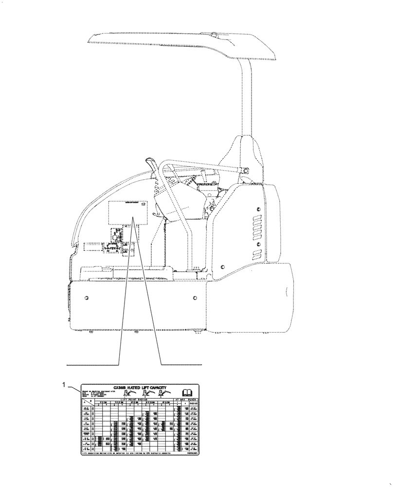 Схема запчастей Case CX31B - (90.108.AC[18]) - NAMEPLATE, LIFT CHART, CANOPY, LONG DIPPER (90) - PLATFORM, CAB, BODYWORK AND DECALS