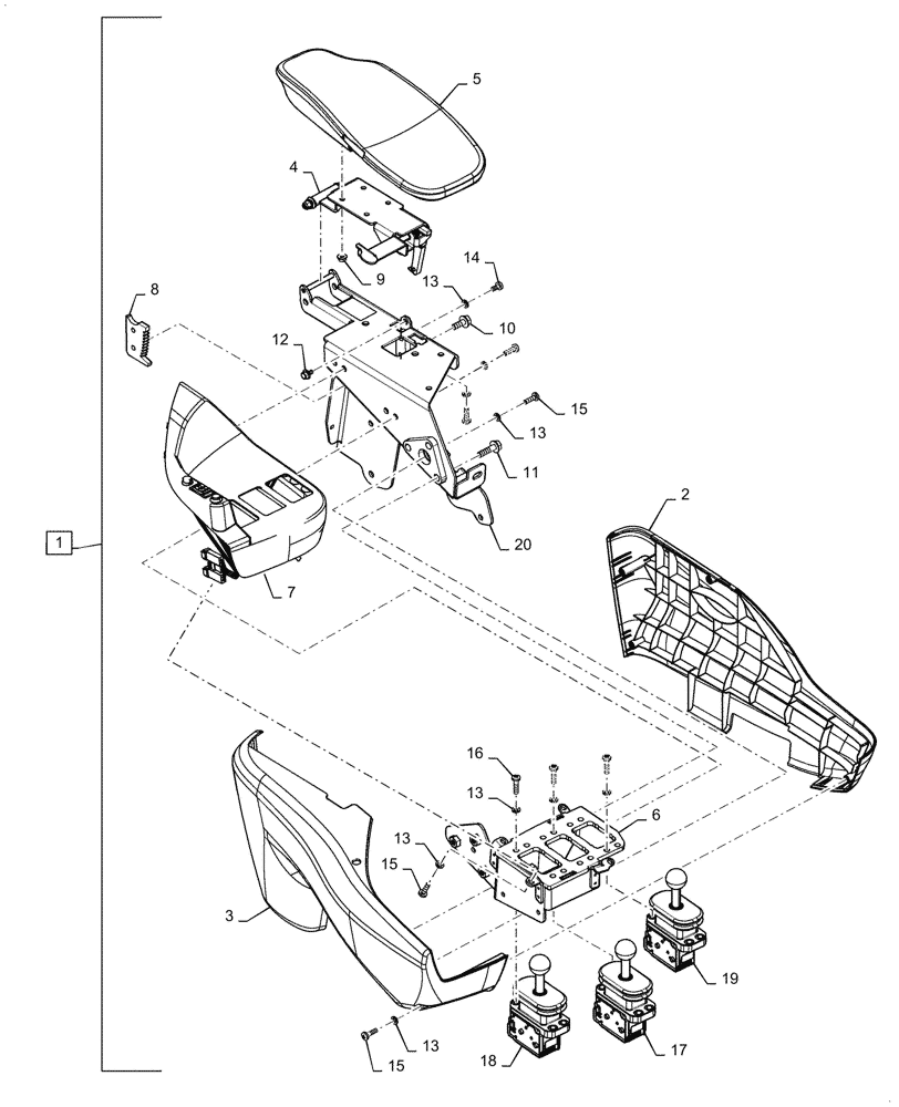 Схема запчастей Case 1121G - (90.120.080) - VAR - 734053 - 3-LEVER LOADER CONTROL ASSEMBLY (90) - PLATFORM, CAB, BODYWORK AND DECALS