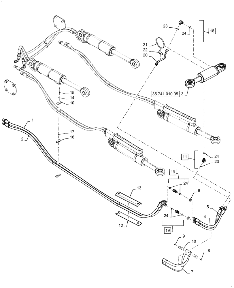 Схема запчастей Case 1650M LGP PAT - (35.741.010[04]) - TILT, HYDRAULIC CYLINDER, LINES (35) - HYDRAULIC SYSTEMS