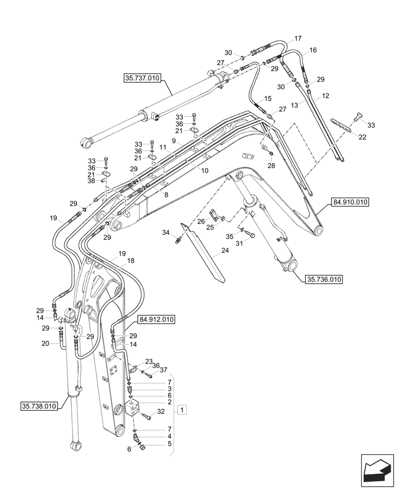 Схема запчастей Case CX60C - (35.738.020) - DIPPER & BUCKET SECTION, LINES (35) - HYDRAULIC SYSTEMS