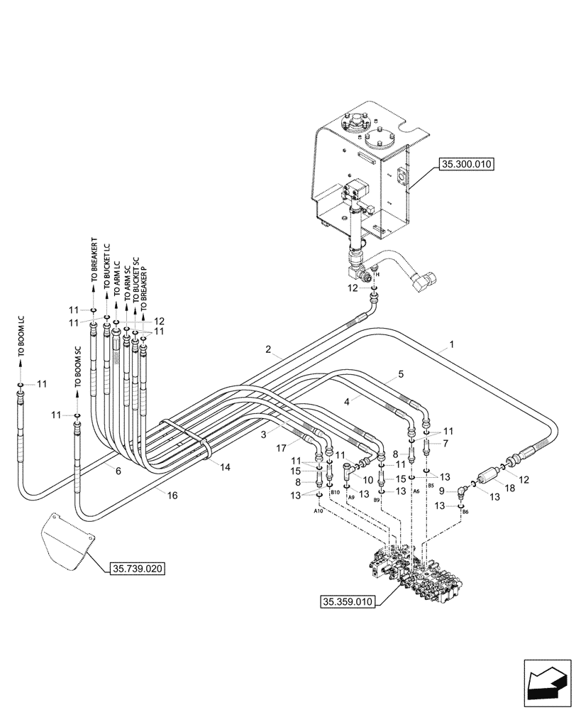 Схема запчастей Case CX57C - (35.359.110) - VAR - 747076 - CONTROL VALVE, BOOM, LINES (35) - HYDRAULIC SYSTEMS