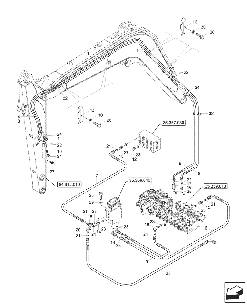 Схема запчастей Case CX57C - (35.360.010) - VAR - 747077, 747123 - CONTROL VALVE, HAMMER, SHEARS, LINES (35) - HYDRAULIC SYSTEMS