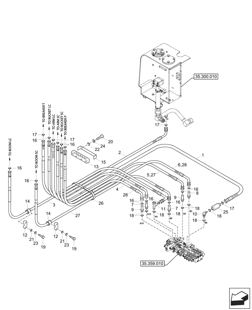 Схема запчастей Case CX57C - (35.359.100) - VAR - 747077 - CONTROL VALVE, BOOM, LINES (35) - HYDRAULIC SYSTEMS