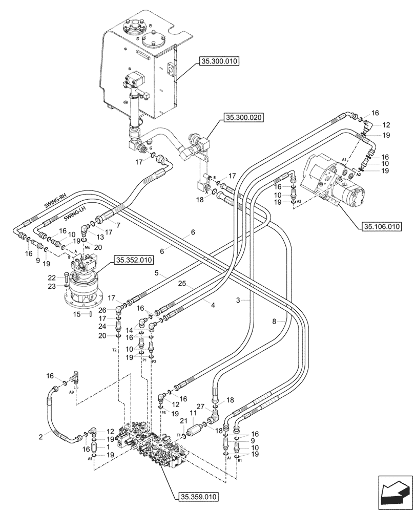 Схема запчастей Case CX57C - (35.359.130) - VAR - 747077 - CONTROL VALVE, HYDRAULIC PUMP, LINES (35) - HYDRAULIC SYSTEMS