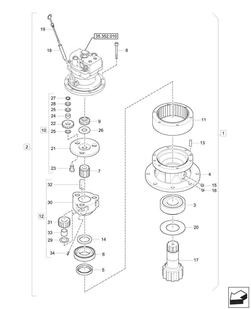 Схема запчастей Case CX57C - (35.352.020) - VAR - 747076, 747077 - MOTO-REDUCTION GEAR, COMPONENTS (35) - HYDRAULIC SYSTEMS