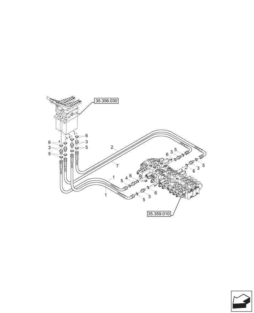 Схема запчастей Case CX57C - (35.356.050) - VAR - 747076, 747077, 747994 - PILOT CONTROLS, FOOT CONTROL VALVE, LINES (35) - HYDRAULIC SYSTEMS