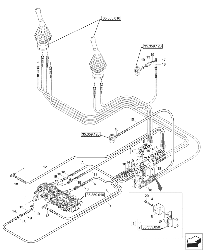 Схема запчастей Case CX57C - (35.355.060) - PILOT CONTROLS, CONTROL PATTERN SELECTION, VALVE, LINES (35) - HYDRAULIC SYSTEMS