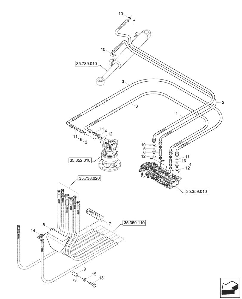 Схема запчастей Case CX57C - (35.739.020) - VAR - 747076 - BOOM SWING, CYLINDER, LINES (35) - HYDRAULIC SYSTEMS