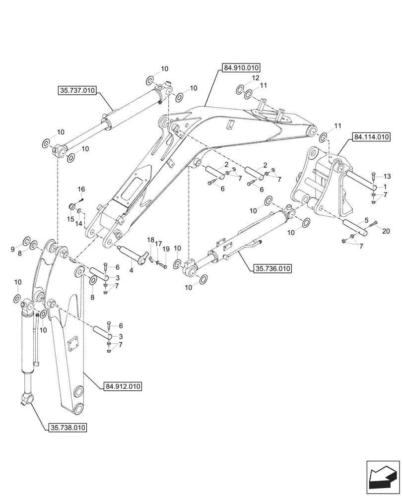 Схема запчастей Case CX17C - (84.910.020) - BOOM, PIN (84) - BOOMS, DIPPERS & BUCKETS