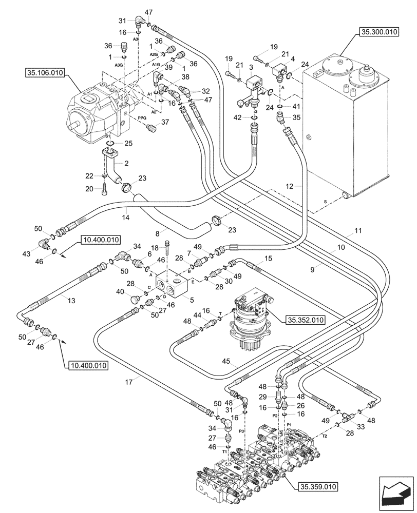 Схема запчастей Case CX60C - (35.300.020) - HIDRAULIC OIL RESERVOIR, LINES (35) - HYDRAULIC SYSTEMS