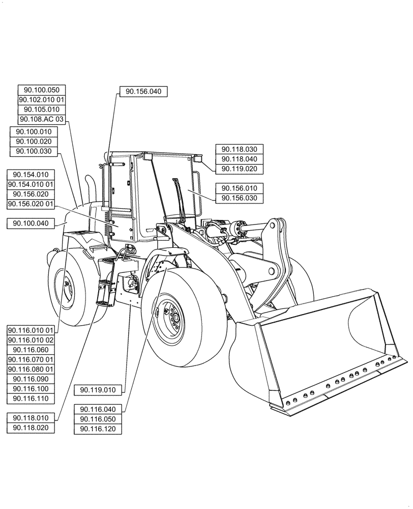 Схема запчастей Case 621G - (00.000.90[01]) - PICTORIAL INDEX - PLATFORM, CAB, BODYWORK AND DECALS (00) - GENERAL & PICTORIAL INDEX