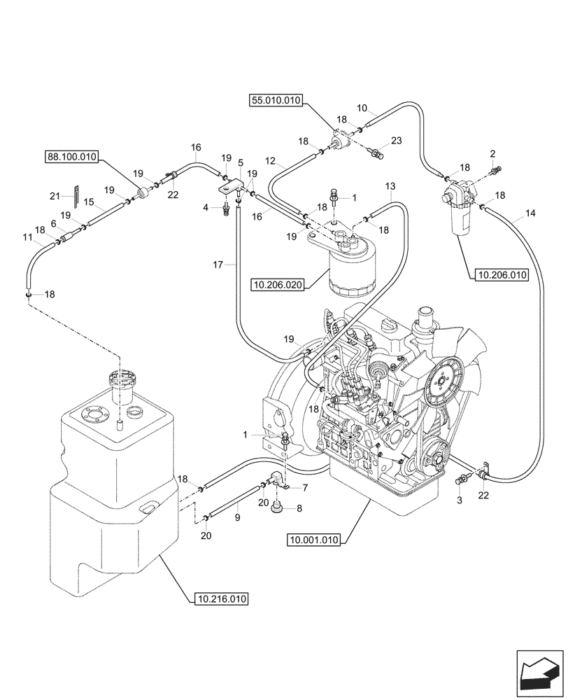 Схема запчастей Case CX17C - (10.216.020) - FUEL TANK, LINES (10) - ENGINE