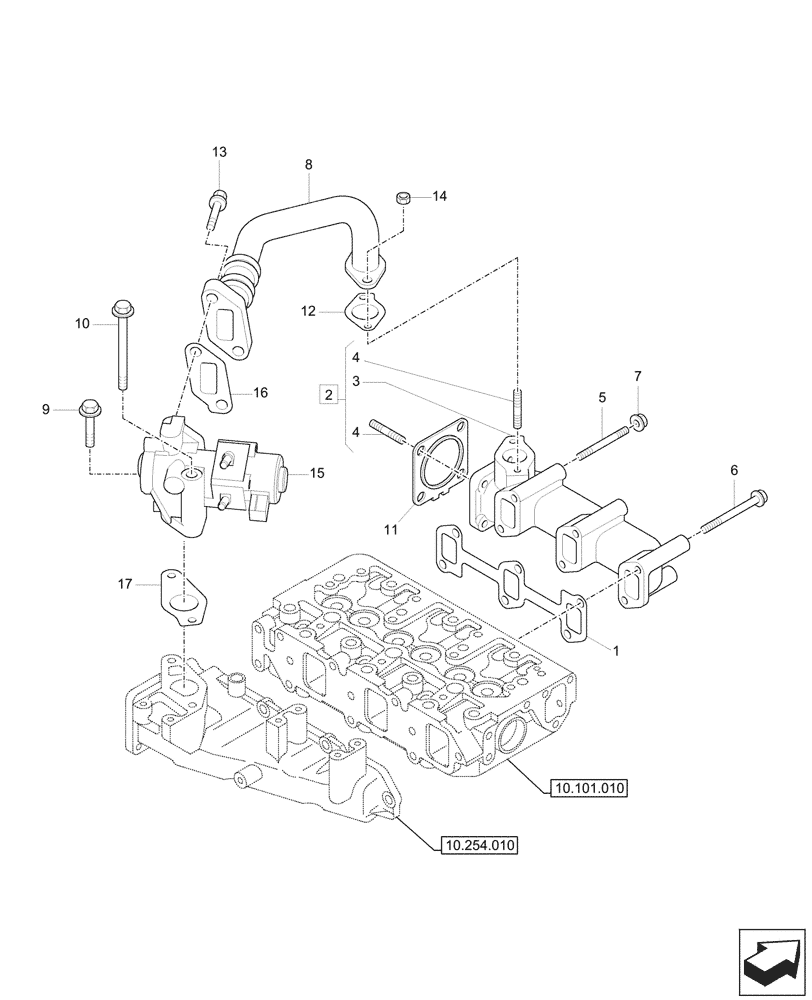 Схема запчастей Case CX37C - (10.254.020) - EXHAUST MANIFOLD, EXHAUST VALVE (10) - ENGINE