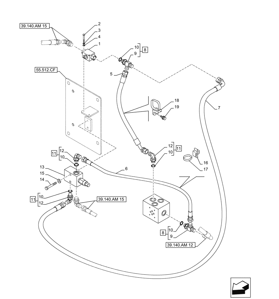 Схема запчастей Case CX500D LC - (39.140.AM[14]) - VAR - 481263 - LINES, HYDRAULIC, COUNTERWEIGHT (39) - FRAMES AND BALLASTING