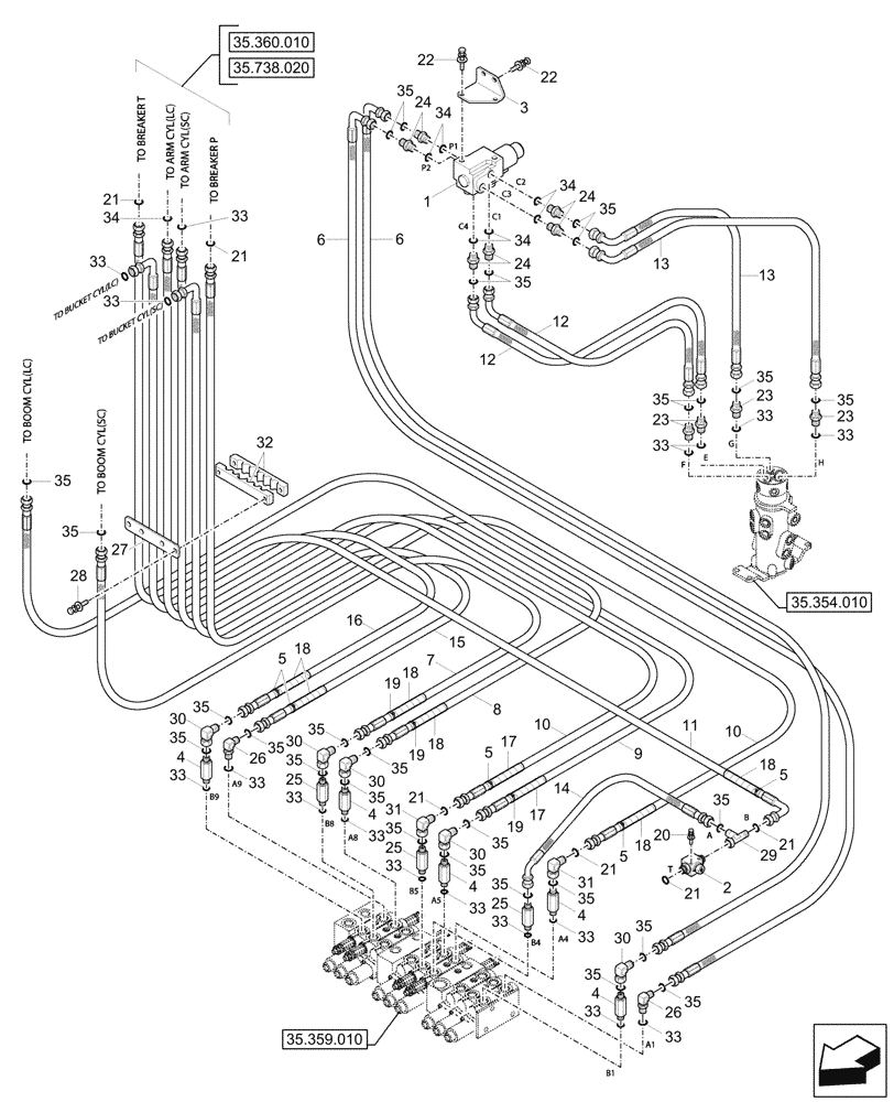 Схема запчастей Case CX17C - (35.359.040) - CONTROL VALVE, BOOM, LINES (35) - HYDRAULIC SYSTEMS