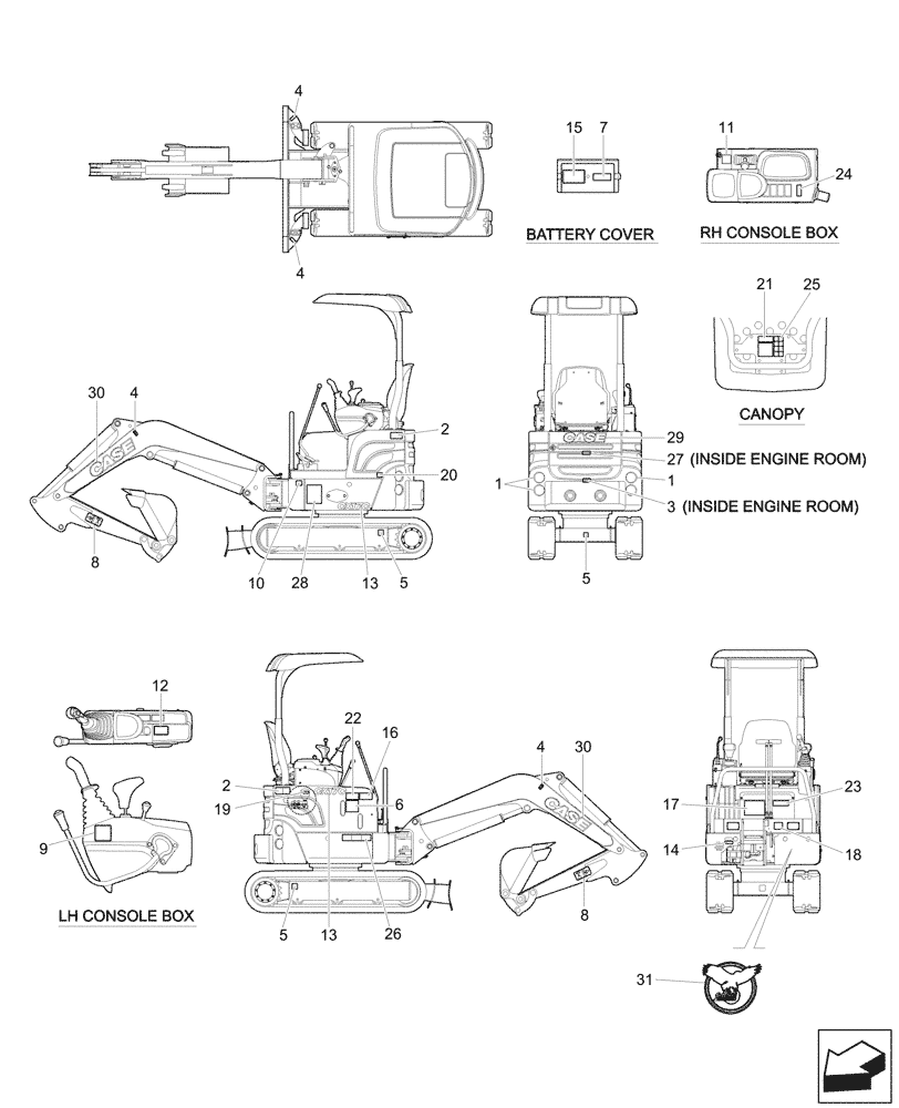 Схема запчастей Case CX17C - (90.108.010) - DECALS (90) - PLATFORM, CAB, BODYWORK AND DECALS