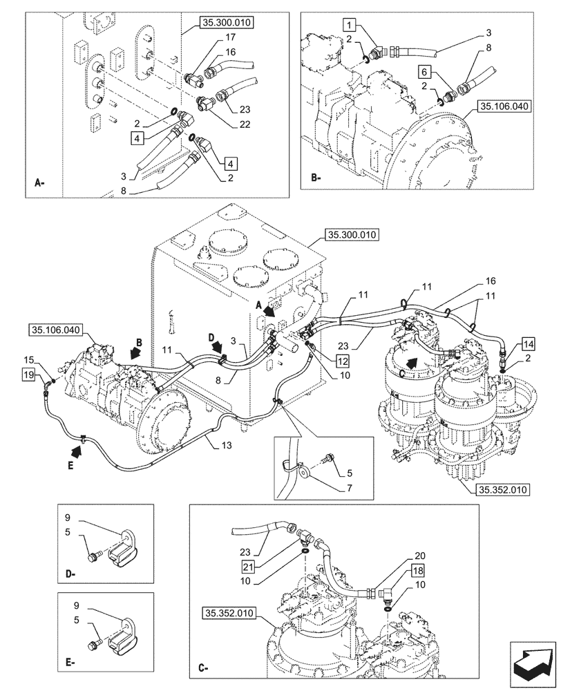 Схема запчастей Case CX750D RTC - (35.352.050) - MOTO-REDUCTION GEAR, LINES (35) - HYDRAULIC SYSTEMS