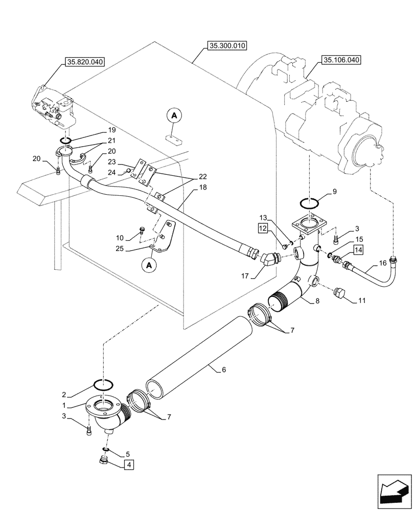 Схема запчастей Case CX750D RTC ME - (35.106.010) - VARIABLE DELIVERY HYDRAULIC PUMP, SUCTION PIPE (35) - HYDRAULIC SYSTEMS
