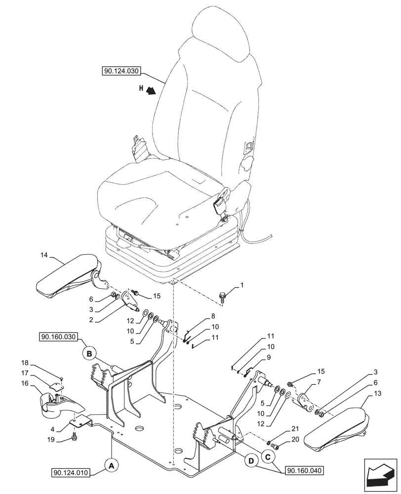 Схема запчастей Case CX750D RTC - (90.124.020) - VAR - 488035, 781277 - SEAT, AIR SUSPENSION, BASE PLATE, ARMREST (90) - PLATFORM, CAB, BODYWORK AND DECALS