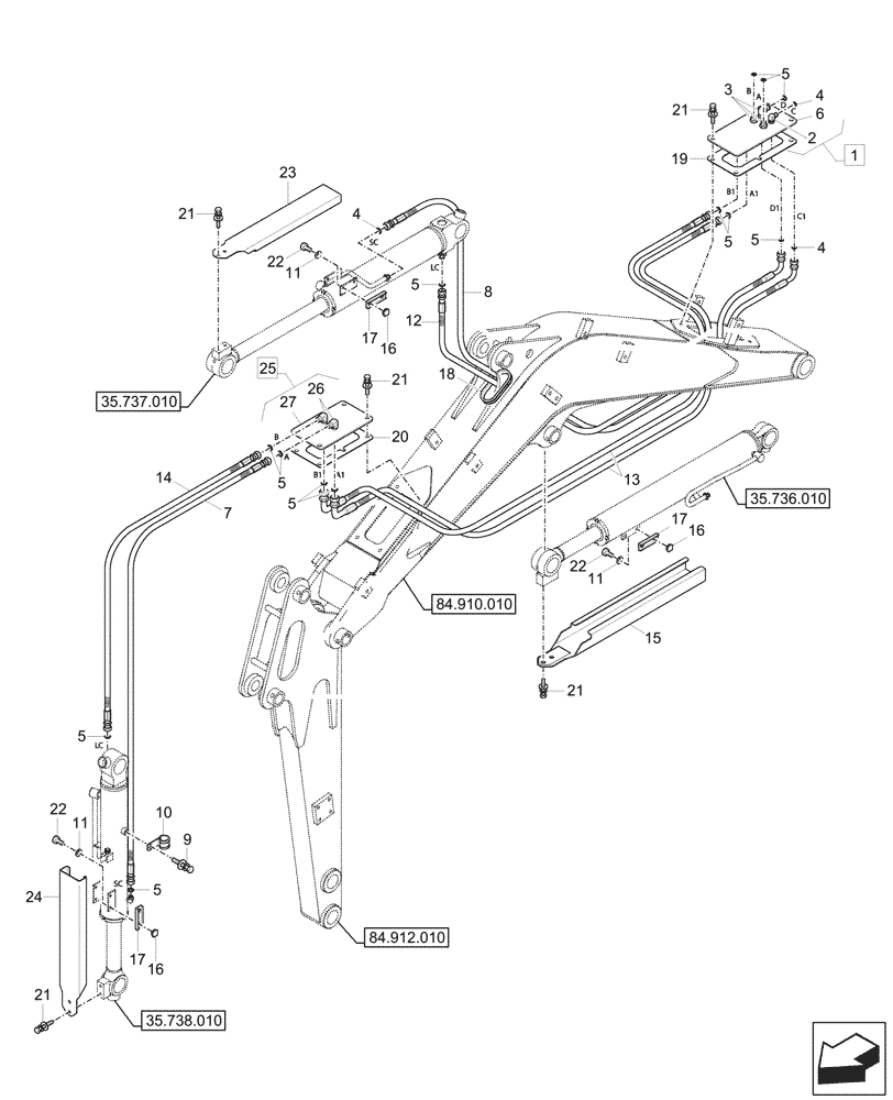 Схема запчастей Case CX17C - (35.738.020) - DIPPER & BUCKET SECTION, LINES (35) - HYDRAULIC SYSTEMS