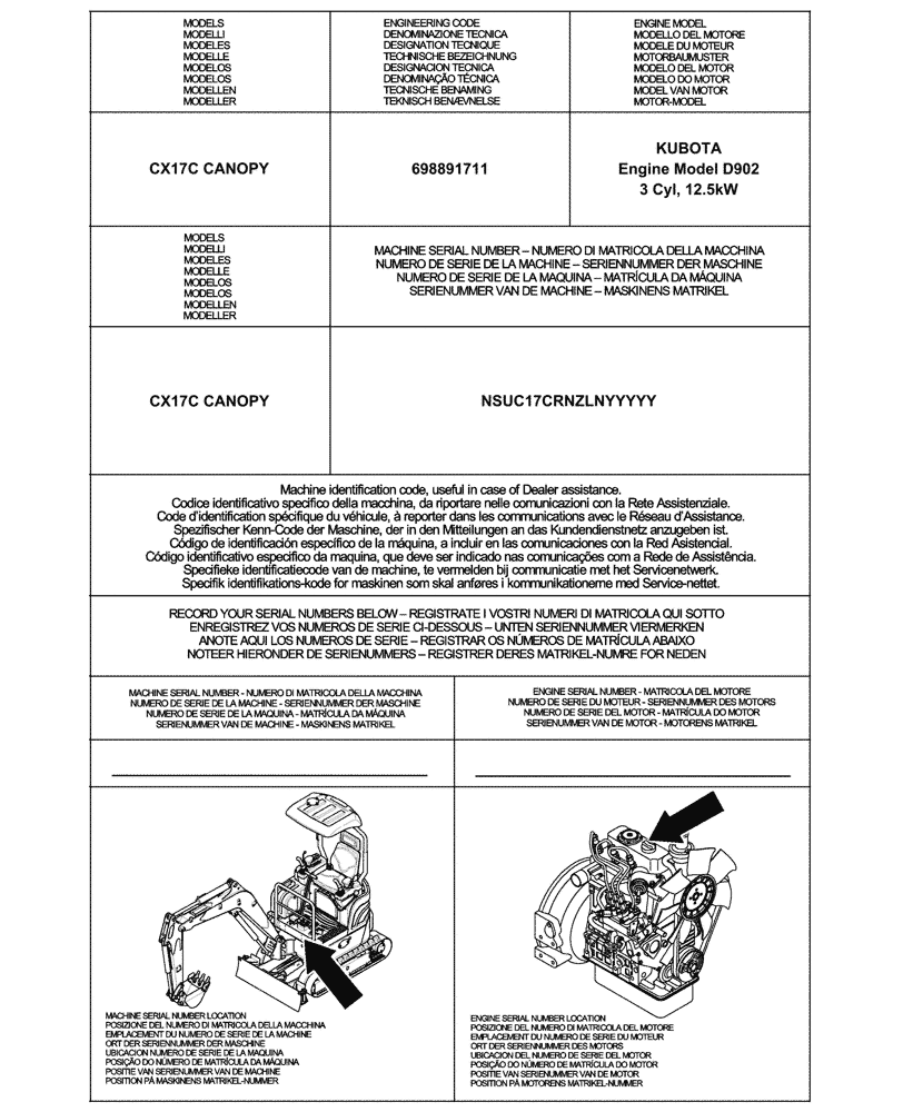 Схема запчастей Case CX17C - (00.100.01) - IDENTIFICATION PLATES AND VERSION LIST (00) - GENERAL & PICTORIAL INDEX