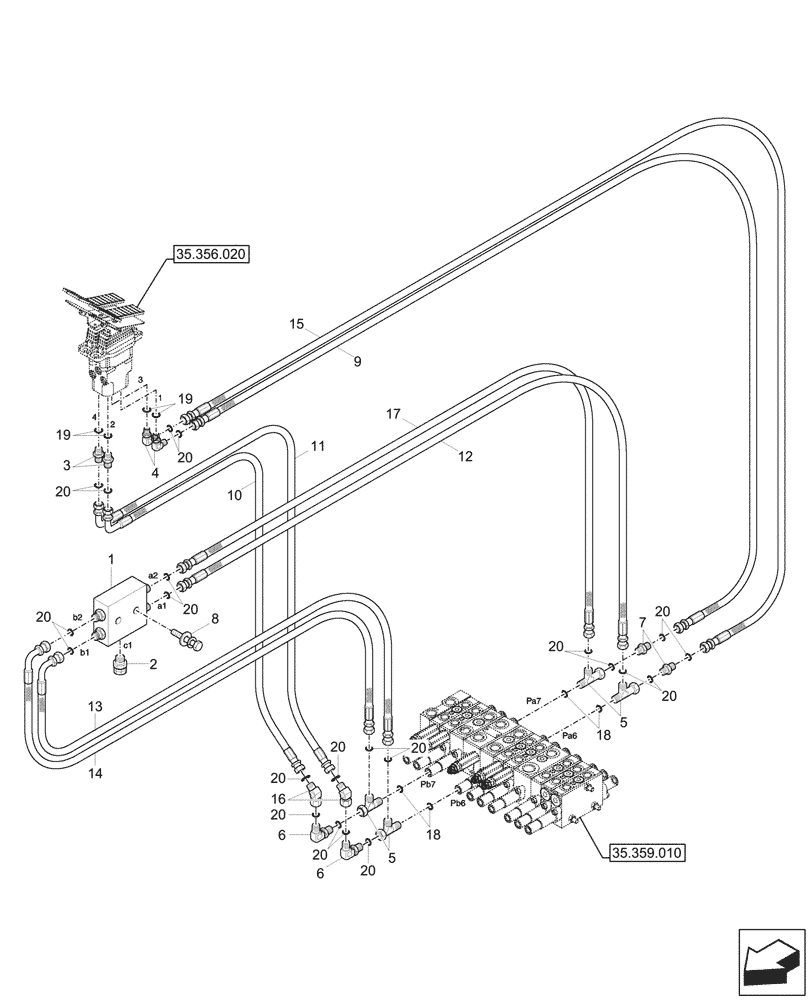 Схема запчастей Case CX17C - (35.356.060) - PILOT CONTROLS, SHUTTLE, VALVE, LINES (35) - HYDRAULIC SYSTEMS