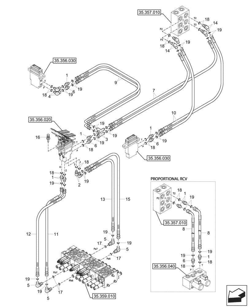 Схема запчастей Case CX17C - (35.356.050) - PILOT CONTROLS, FOOT CONTROL VALVE, LINES (35) - HYDRAULIC SYSTEMS