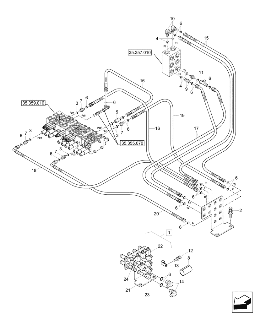 Схема запчастей Case CX17C - (35.355.060) - PILOT CONTROLS, TERMINAL CONNECTOR, LINES (35) - HYDRAULIC SYSTEMS