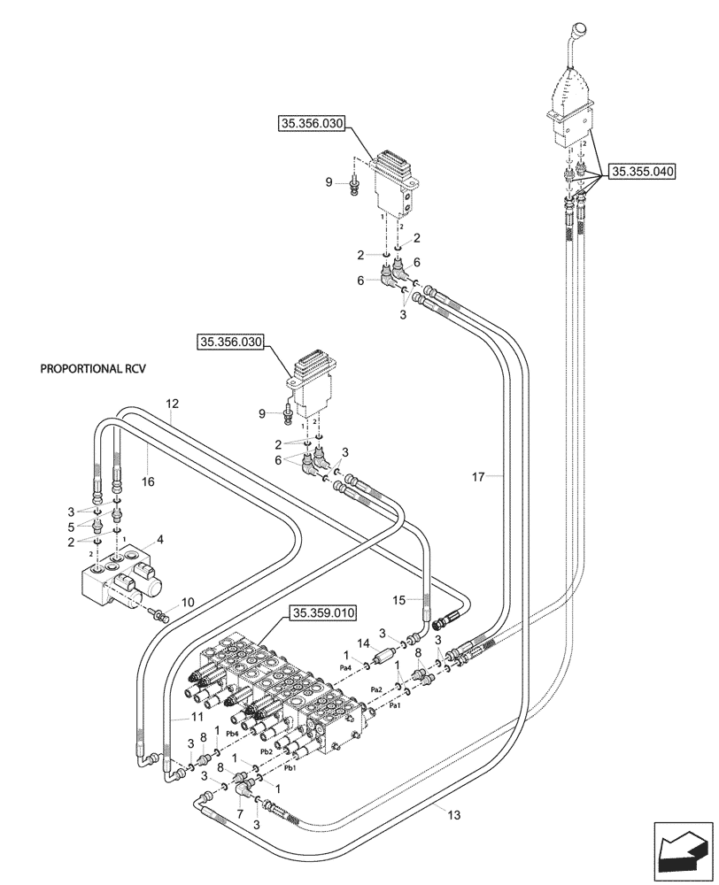 Схема запчастей Case CX17C - (35.356.040) - PILOT CONTROLS, FOOT CONTROL VALVE, LINES (35) - HYDRAULIC SYSTEMS