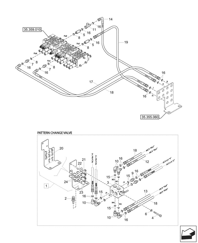 Схема запчастей Case CX17C - (35.355.070) - PILOT CONTROLS, CONTROL PATTERN SELECTION, VALVE, LINES (35) - HYDRAULIC SYSTEMS