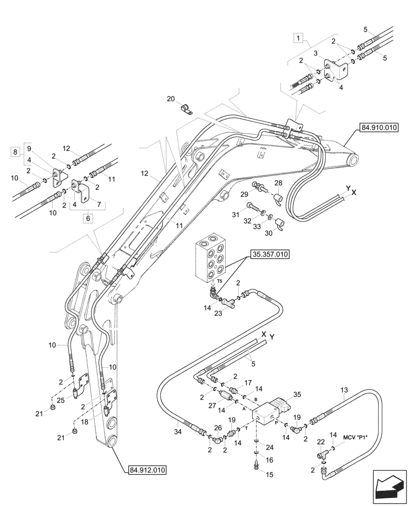 Схема запчастей Case CX17C - (35.734.010) - QUICK COUPLER, LINES (35) - HYDRAULIC SYSTEMS