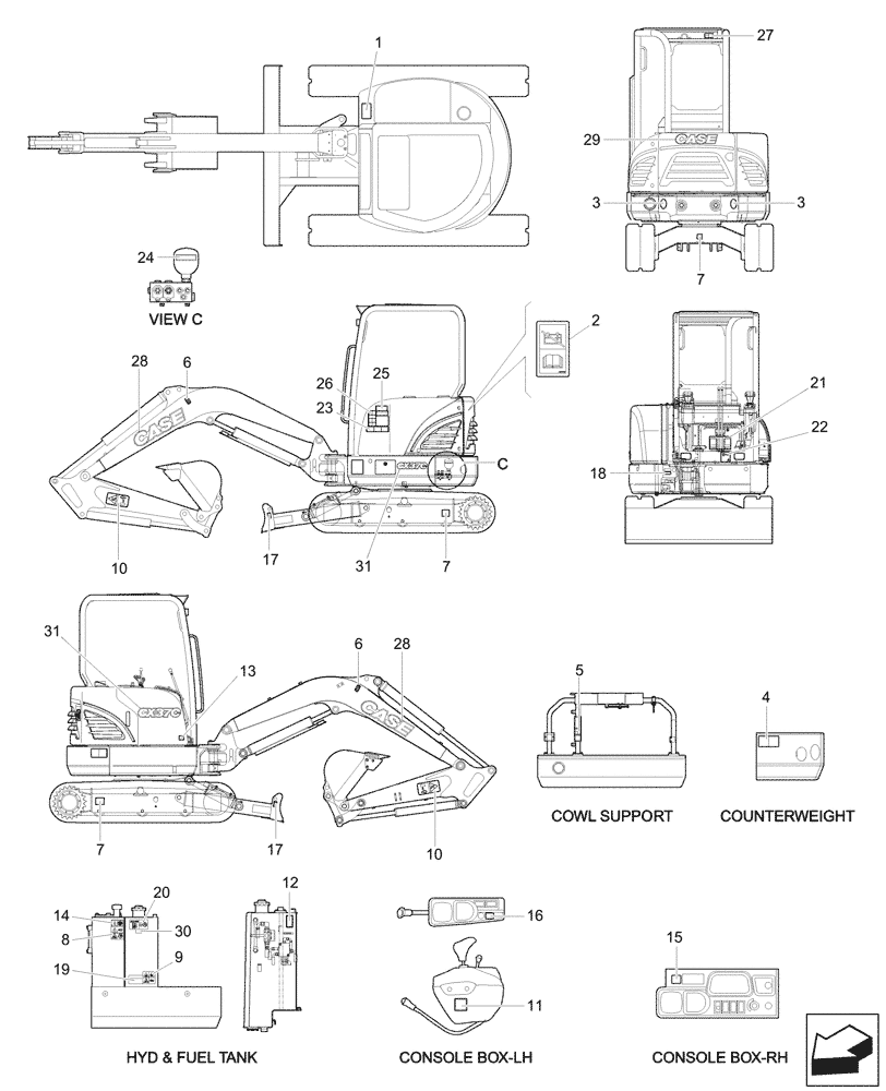 Схема запчастей Case CX37C - (90.108.030) - DECALS, CANOPY (90) - PLATFORM, CAB, BODYWORK AND DECALS