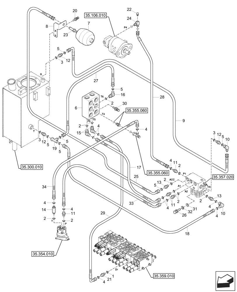 Схема запчастей Case CX17C - (35.357.010) - PILOT CONTROLS, SOLENOID VALVE, LINES (35) - HYDRAULIC SYSTEMS