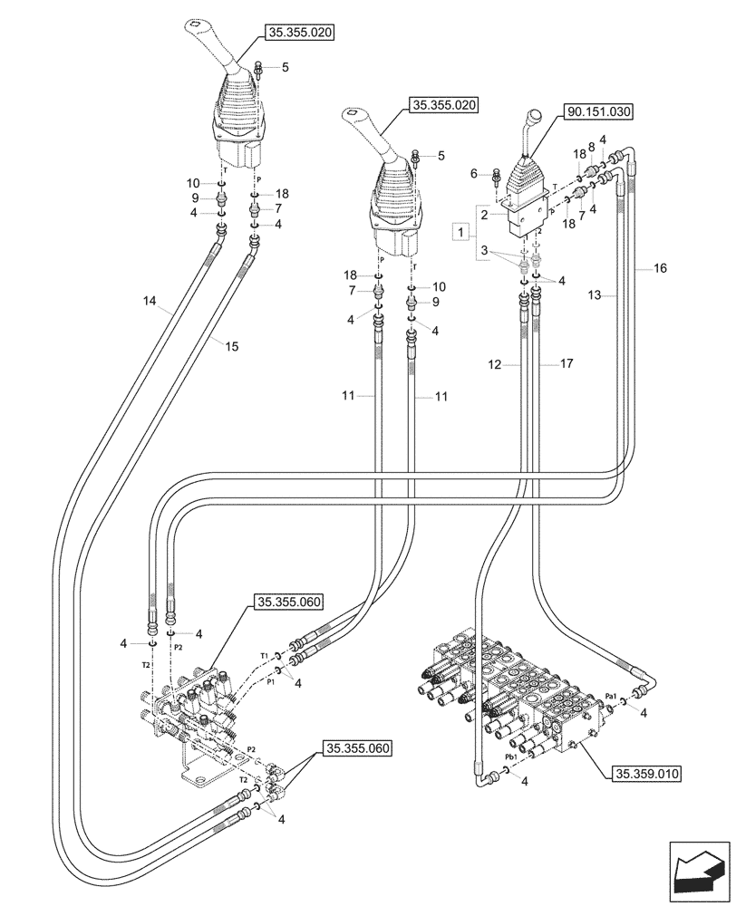 Схема запчастей Case CX17C - (35.355.040) - PILOT CONTROLS, JOYSTICK, LINES (35) - HYDRAULIC SYSTEMS